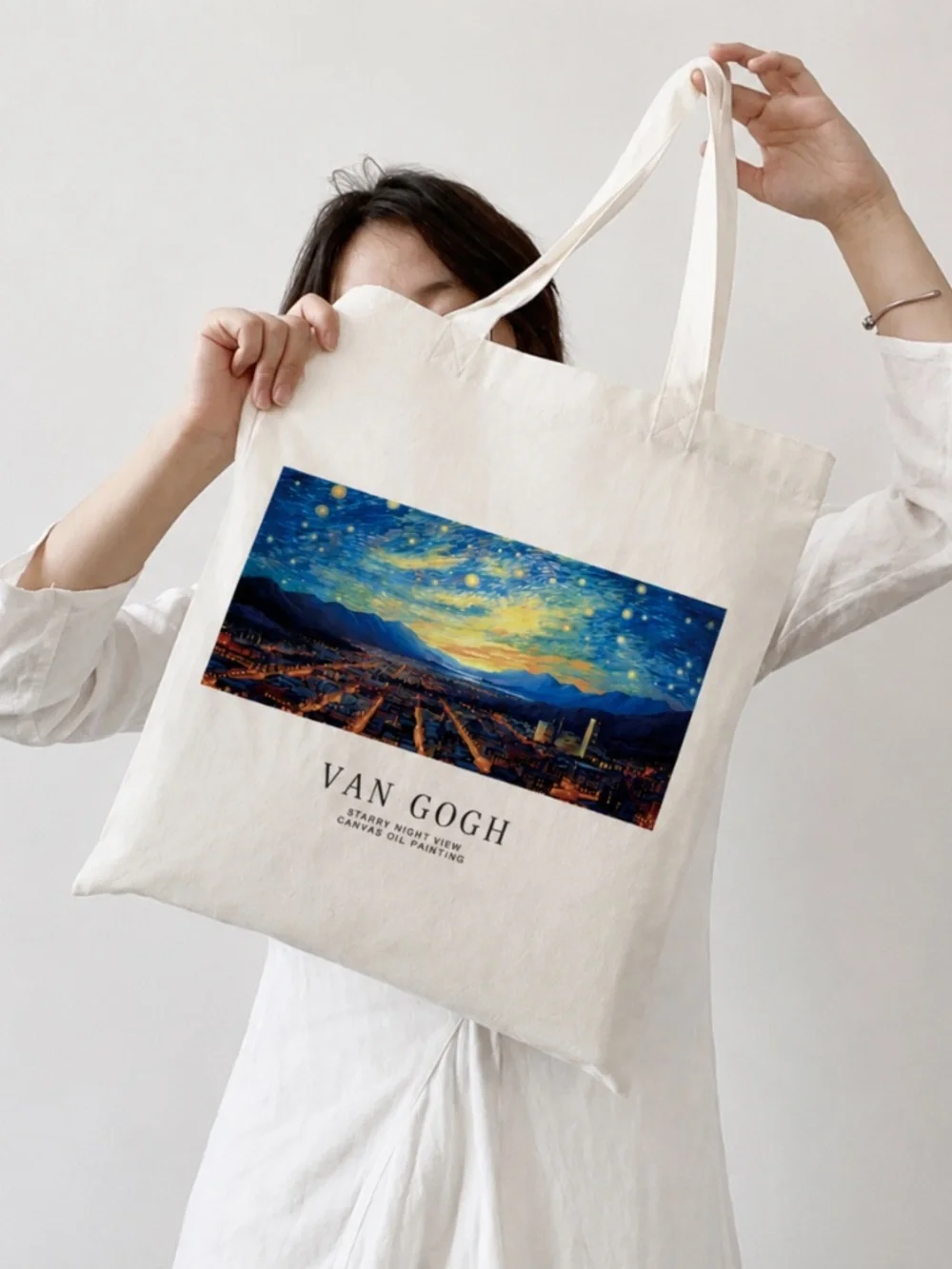Van Gogh Starry Night Cotton Tote Bag with Full-Length Zipper Closure